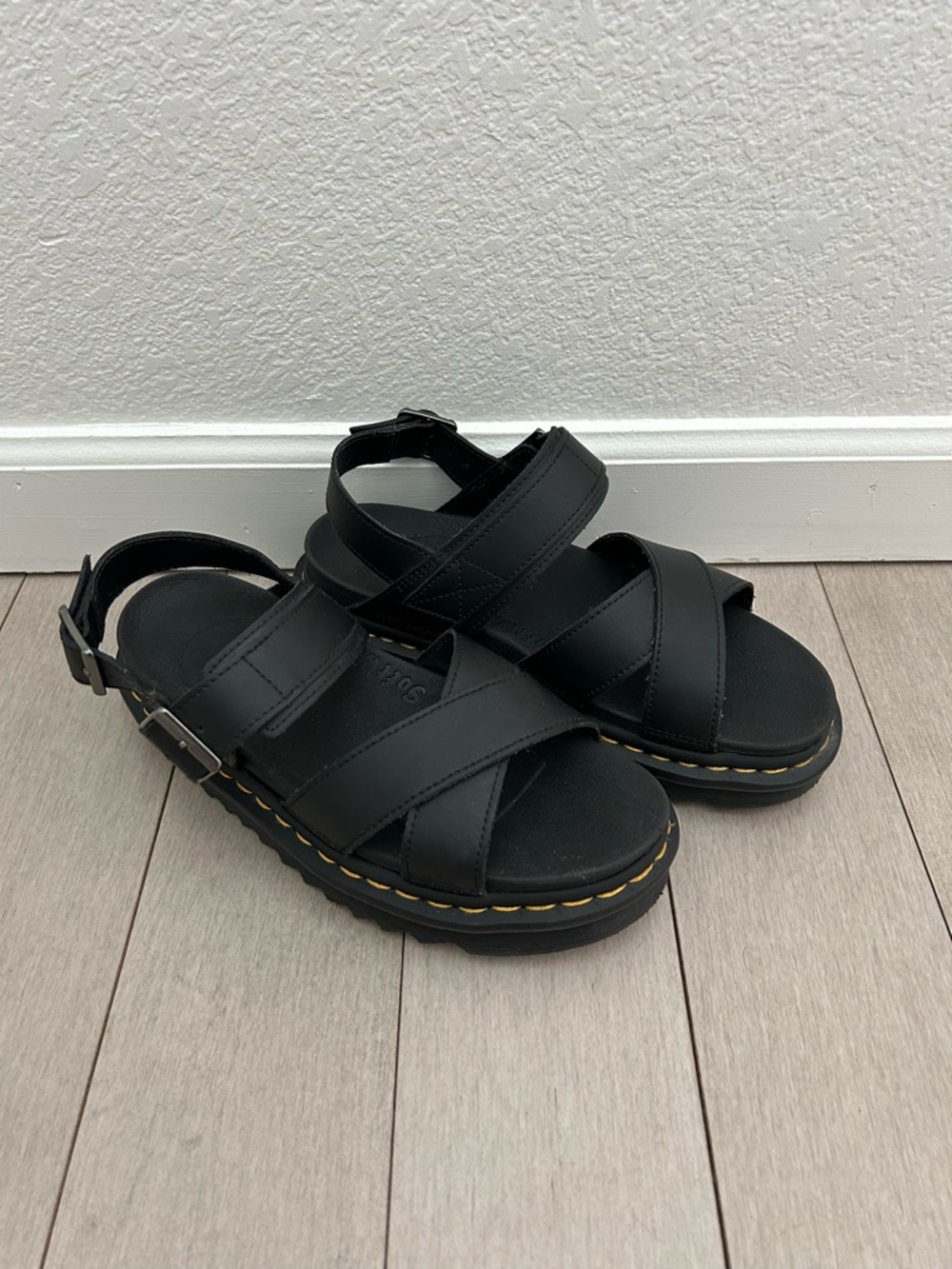 Dr. Martens Black Platform Crisscross Sandals with Yellow Stitching